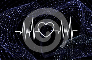 Vector Heart Beat Neon Glowing Icon on the Dark Blue Background with Grid Swirls, Technology Backdrop Template.
