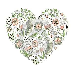 Vector Heart with Flowers and Leaves