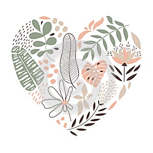 Vector Heart with Flowers and Leaves