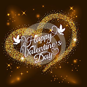 Vector heart with gold glitter stars, lights, sparkles isolated on background with lettering. Design for Valentine`s day