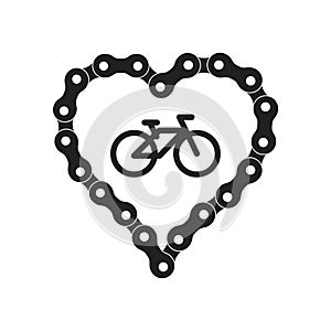 Vector Heart Made of Bike or Bicycle Chain. Black Heart Silhouette Background plus Bicycle Sample Icon