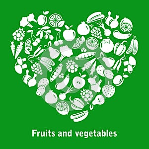 Vector heart made of fruits and vegetables