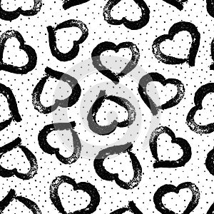 Vector heart seamless pattern. Abstract texture with grunge hearts. Stylish hand drawn heart. Black and white background. Monochro