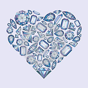 Vector heart shape with diamonds and crystals colorful background with violet gem for st valentines day