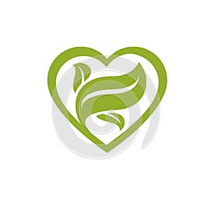 Vector heart shape illustration composed with green leaves. Living in harmony with nature concept, green health idea symbol.