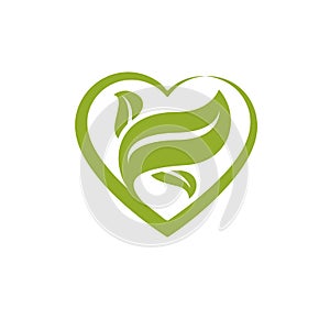 Vector heart shape illustration composed with green leaves. Living in harmony with nature concept, green health idea symbol.