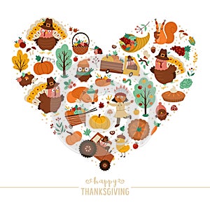 Vector heart shaped frame with comic turkey, forest animals, Thanksgiving elements, pumpkins, harvest. Autumn card template design