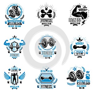 Vector heavy load power lifting theme logotypes and advertising flyers collection created with dumbbells, disc weights sport photo