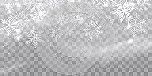 Vector heavy snowfall, snowflakes in different shapes and forms. Snow flakes, snow background. Falling Christmas