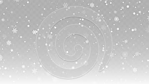 Vector heavy snowfall, snowflakes in various shapes and forms. Many white cold flakes elements on transparent background