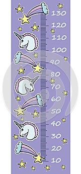 Vector height gauge for children. Cartoon unicorns, rainbow, com