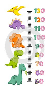 Vector height wall chart decorated with cartoon dinosaurs - brontosaurus, triceratops, tyrannosaurus, pterodactylus, stegosaurus