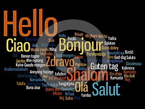 Vector hello or greeting international word cloud in different languages or multilingual