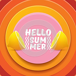 Vector Hello Summer Beach Party Flyer Design template with fresh lemon isolated on abstract circle orange background