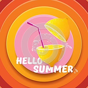 Vector Hello Summer Beach Party Flyer Design template with fresh lemon isolated on abstract circle orange background