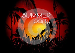 Vector Hello Summer Beach Party Flyer, disco party sunset background