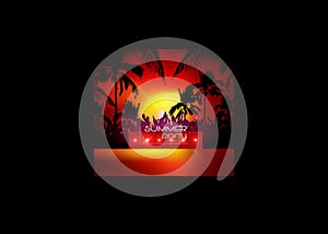 Vector Hello Summer Beach Party Flyer, disco party sunset background