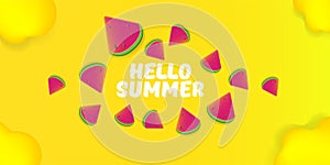 Vector Hello Summer Beach Party horizontal banner Design template with fresh watermelon slice isolated on yellow