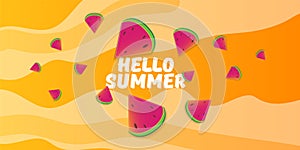 Vector Hello Summer Beach Party horizontal banner Design template with fresh watermelon slice isolated on orange