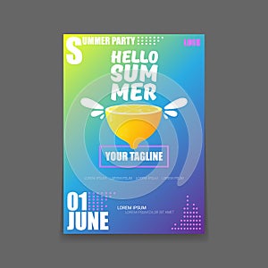 Vector Hello Summer Beach Party vertical A4 poster Design template or mock up with fresh lemon on gradient background