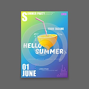 Vector Hello Summer Beach Party vertical A4 poster Design template or mock up with fresh lemon on gradient background