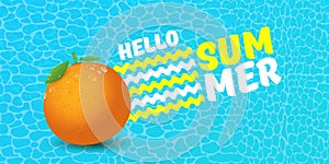 Vector Hello Summer horizontal banner or flyer Design template with fresh orange fruit isolated on azure water