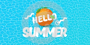 Vector Hello Summer horizontal banner or flyer Design template with fresh orange fruit isolated on azure water