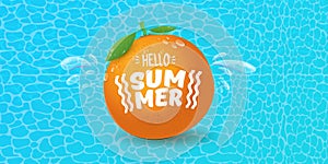 Vector Hello Summer horizontal banner or flyer Design template with fresh orange fruit isolated on azure water