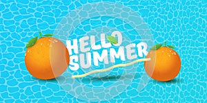 Vector Hello Summer horizontal banner or flyer Design template with fresh orange fruit isolated on azure water