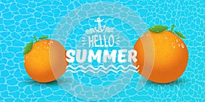 Vector Hello Summer horizontal banner or flyer Design template with fresh orange fruit isolated on azure water