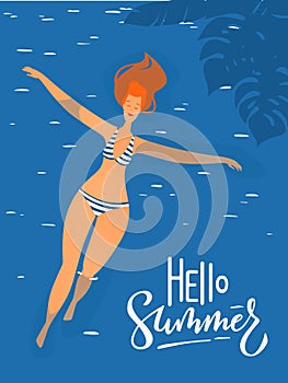 Vector hello  summer illustration with young woman in a swimming pool.