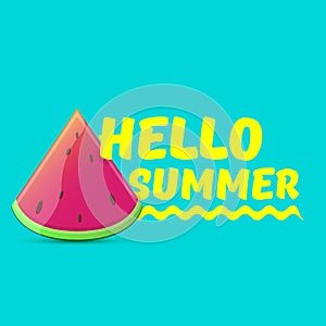 Vector Hello Summer Beach Party Flyer Design template with fresh watermelon slice isolated on azure background. Hello