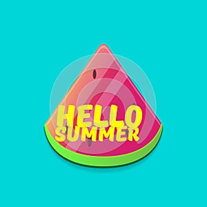 Vector Hello Summer Beach Party Flyer Design template with fresh watermelon slice isolated on azure background. Hello