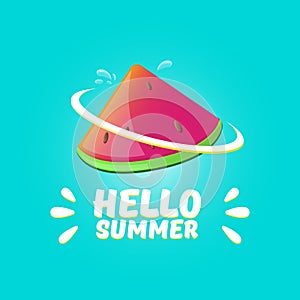 Vector Hello Summer Beach Party Flyer Design template with fresh watermelon slice isolated on azure background. Hello