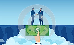 Vector of a helping hand with dollar bill bridging economy gap assisting businesspeople to overcome financial difficulties