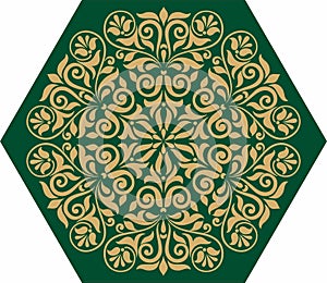 Vector hexagon golden drawing ornaments on dark green  background wallpaper poster clip art