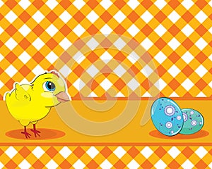 Vector Ñhicken and painted eggs on a checkered background. Easte