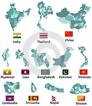 Vector high detailed maps and flags of east asian countries with administrative divisions regions borders