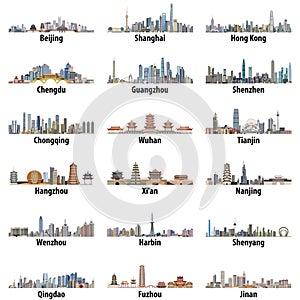 Vector high detailed set of chinese largest city skylines isolated on white background