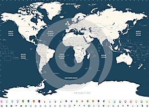 Vector high detailed world political map with countries and oceans