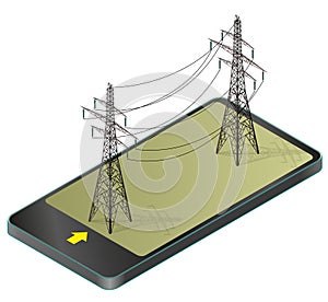 Vector high voltage pylons in mobile phone, isometric perspective.