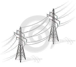 Vector high voltage pylons on white background, isometric 3d perspective.