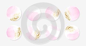 Vector highlight story cover icons for instagram. Abstract circle backgrounds with golden leaves, pink watercolor spots