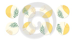 Vector highlight story cover icons for instagram. Abstract circle organic yellow backgrounds with palm leaves