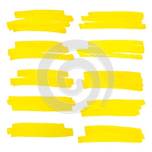 Vector highlighter brush lines. Marker pen highlight underline strokes. Yellow watercolor hand drawn highlight set