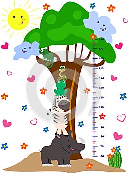 Vector hight meter for kids with cute animals. Rhino and his friends with funny decoration. photo