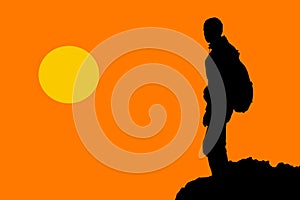 Vector of a hiker standing on top of mountain