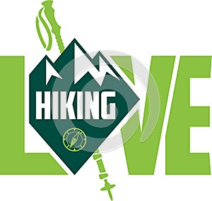 Vector hiking emblem labels with mountains and trekking pole. `I love hiking`