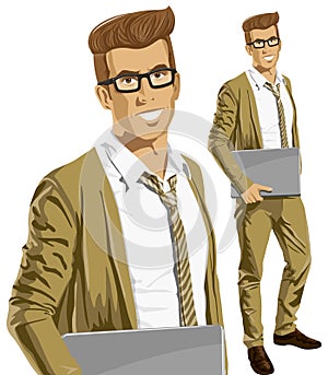 Vector Hipstar Man With Laptop in His Hands