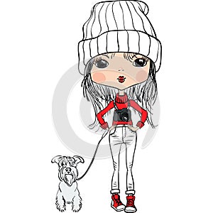 Vector hipster cute girl with a dog and a camera